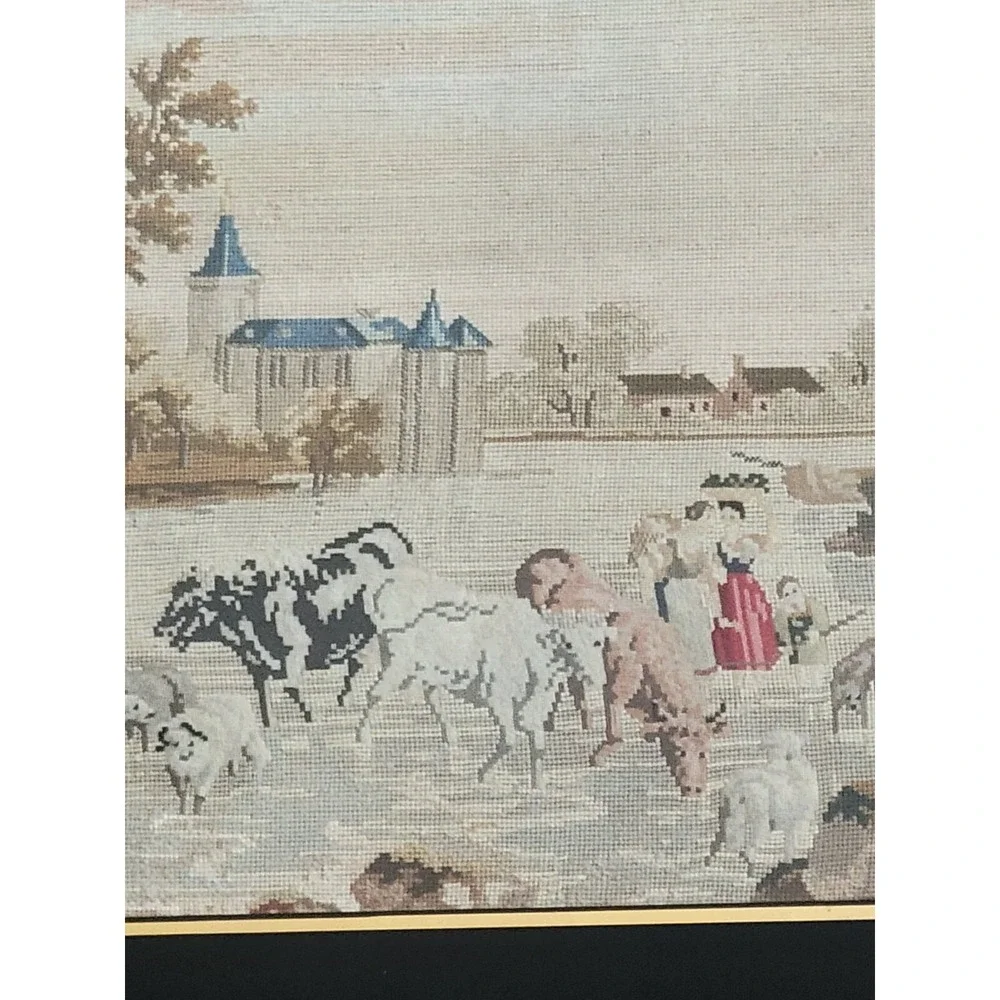 Big Antique Needlepoint Pastoral Scene Framed Picture Cows Horses Maidens Castle